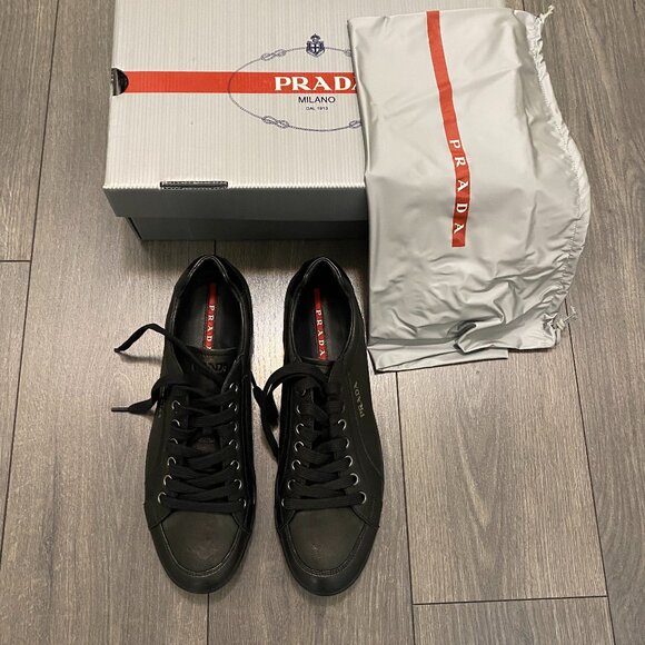 Prada Black Leather Lace Up Low Top Sneakers Size 11 NWT - Picture 1 of 13